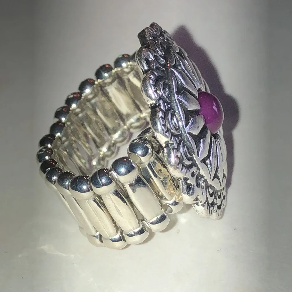 Silver Tone Floral Medallion Ring with Purple Center